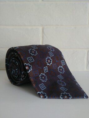 Paul Moretti 100% silk tie brown blue floral geometric pattern